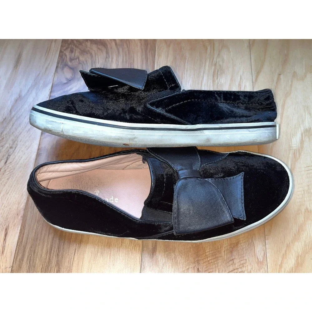 Kate Spade Velvet Bow Sneakers Womens 8 Black Slip On Flat Luxury Designer Luxe
